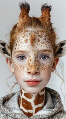 Obraz premium A vivid and abstract representation of a giraffe-girl hybrid, distinguished by a piercing gaze and a creative, bright style, blending fiction and animal features in an original art piece.