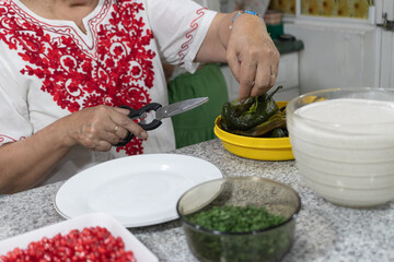 Grandmother removing seeds and veins from a poblano chile to cook Mexico's traditional chile en nogada.