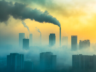 Obraz premium Dense industrial pollution blankets a city skyline at sunrise, with thick smoke billowing from multiple chimneys into the yellow-tinged sky.