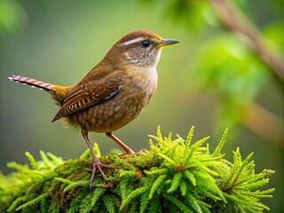 A tiny, energetic Pacific Wren perches on a moss-covered branch, its brown back and white underside contrasting with lush green foliage in a misty forest atmosphere.