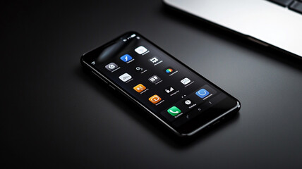 Obraz premium A sleek smartphone displaying various applications on a dark table next to a laptop, showcasing modern technology in a minimalist setting