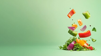 Colorful vegetables flying over fresh salad on a green background.