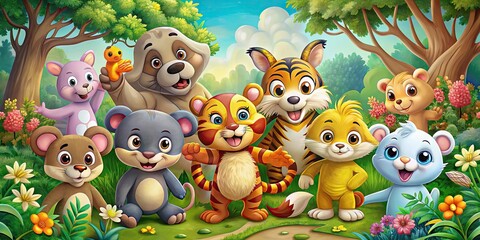 Naklejka premium A vibrant, diverse group of cartoon animals, including a tiger, monkey, bear, and rabbit, gather together in a playful, colorful forest setting.