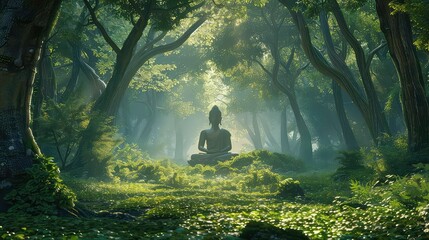 Buddha statue sitting in meditation in a misty forest.