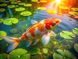 A vibrant orange and white koi carp swims elegantly in a serene, lily-pad-covered pond, its scales catching the warm, golden light of the sun.