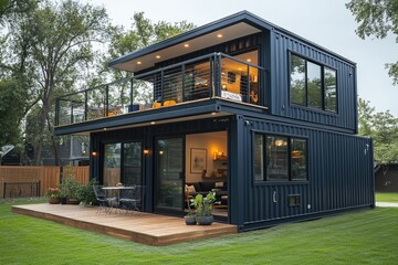 Modern tiny house made with recycled shipping containers at sunset with green lawn