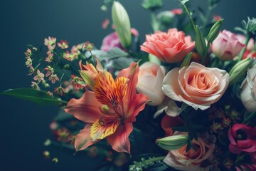 A close-up view of a colorful bouquet of flowers