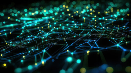 A high-tech background featuring a complex grid of glowing blue and green data points and connections, set against a sleek black surface with subtle metallic textures, evoking a sense of cutting-edge 