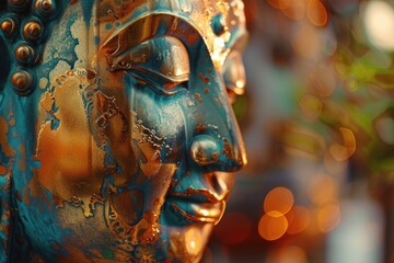 A close-up shot of a woman's face on a statue, suitable for use in art, design or architecture related contexts