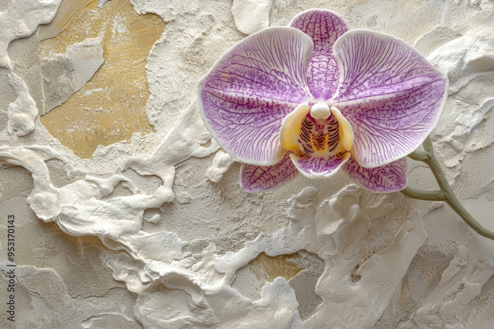 Wall mural with a white background, a bunch of purple flowers are sculptured in stucco