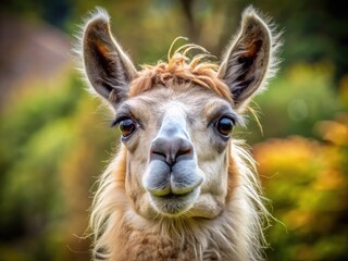 Fototapeta premium Close-Up Of A Llama With A Long Neck, Shaggy Fur, And A Curious Expression In Its Large Brown Eyes.