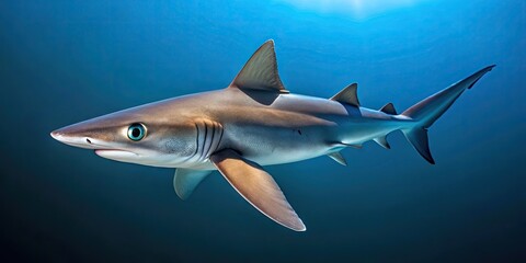Close-up of a Spiny Dogfish, a small, brownish-gray shark with a distinctive spiny dorsal fin and pointed snout, swimming in a dark blue ocean.