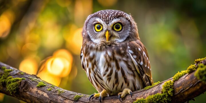 Close-Up Of A Small, Wide-Eyed Owl With Bright Yellow Eyes And Mottled Brown And Gray Plumage, Perched On A Tree Branch In A Nocturnal Forest.