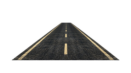 Straight way asphalt road with yellow center line isolated on transparent background, PNG