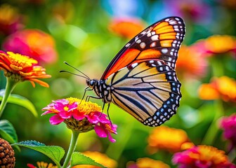 Fototapeta premium Close-Up Photograph Of A Vibrant Butterfly Perched On The Petals Of A Colorful Flower, Surrounded By Lush Greenery.