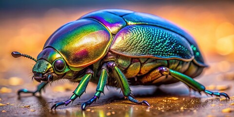 Naklejka premium Close-Up View Of A Metallic Scarab Beetle With Intricate Patterns And Iridescent Shell
