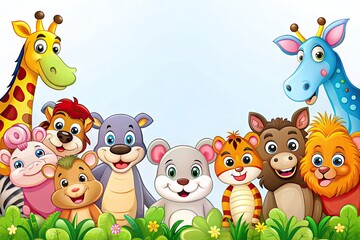 Colorful Cartoon-Style Animal Characters With Empty White Space Background For Text Or Designs