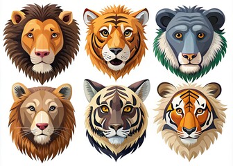 Colorful, detailed vector icons of various animal heads, including lion, tiger, bear, monkey, and wolf, in modern flat design style, isolated on white background.