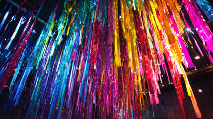 A lively scene filled with cascading streamers in bright, contrasting colors, hanging from the ceiling and flowing down to create a festive and celebratory atmosphere ideal for parties and special eve