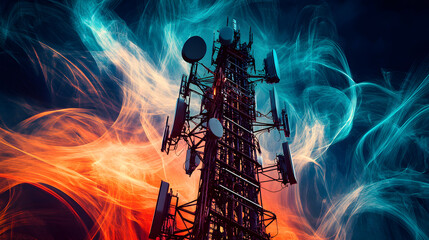 Futuristic telecommunication tower with multiple 4G and 5G antennas, radiating abstract waves, illustrating the power of wireless networks.