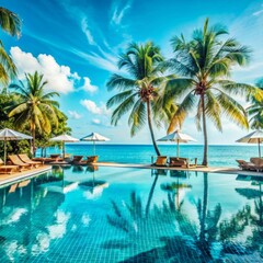 A luxurious tropical resort scene features an infinity pool overlooking a vast ocean.