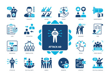 Fototapeta premium Attack ad icon set. Candidate, Innuendo, Rating, Negative, Mass Media, Debate, Voters, Front Groups. Duotone color solid icons