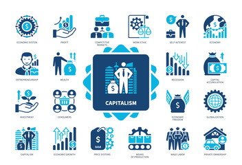 Capitalism icon set. Private Ownership, Investment, Economic Freedom, Wealth, Price System, Profit, Consumers, Wealth. Duotone color solid icons