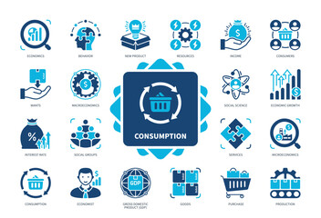 Consumption icon set. Consumers, Income, Wants, Interest Rate, Social Science, Economics, Purchase, New Product. Duotone color solid icons