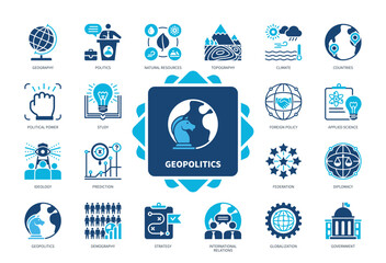 Geopolitics icon set. Topography, Climate, Diplomacy, Foreign Policy, Applied Science, Study, Federation, Demography. Duotone color solid icons