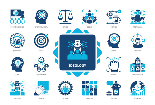 Ideology icon set. Political Science, Epistemology, Governance, Social, Religion, Truth, Economic, Politics. Duotone color solid icons