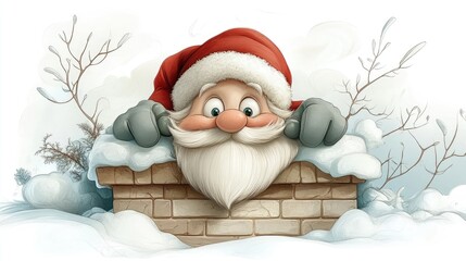 A cheerful Santa Claus in red and white, comically stuck in a narrow chimney with his belly halfway through, creating a funny and festive greeting for Christmas or New Year.