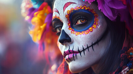 Close up of beautiful woman with catrina makeup and flowers on her head, traditional for the Day of the Dead celebration.