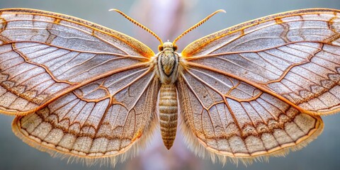 Delicate, intricately patterned moth wings, with subtle scales and delicate veins, are magnified to reveal striking details against a soft, blurred background.