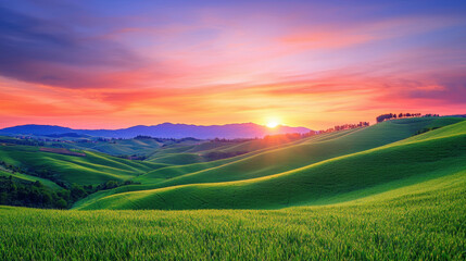 Obraz premium A vast, serene landscape featuring rolling hills covered in vibrant wildflowers, with a distant mountain range under a clear blue sky and soft sunlight --ar 16:9 --q 2