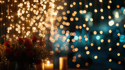 A magical scene with glittering lights hanging in the background, creating a sparkling and enchanting atmosphere, perfect for festive occasions and celebratory themes