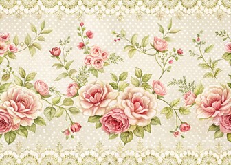 Delicate rose pattern intertwined with intricate lace trim adorns a soft, white background, evoking romance and vintage elegance in this beautiful, ornate design element.