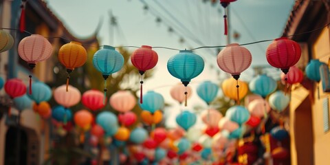 Brightly colored lanterns hanging above a lively thoroughfare