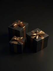 Elegant Black Gift Boxes With Golden Ribbons Arranged Artistically on a Dark Surface. Generative AI