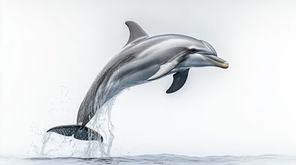 A dolphin leaping out of the water, captured mid-air, representing the playful and intelligent nature of these marine animals