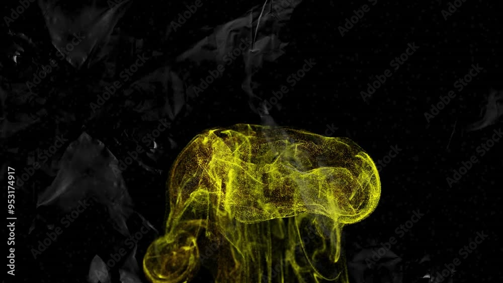 Poster yellow abstract shape animation over dark background with flowing lines and particles