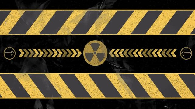 Radiation hazard symbol and arrows animation over yellow and black striped background