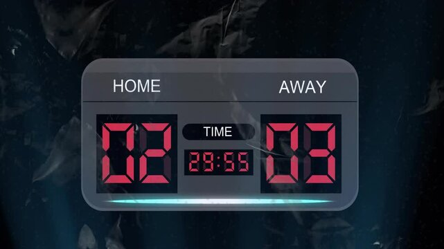 Digital scoreboard animation showing home team 2 and away team 3 with time 29:58