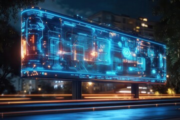 A modern billboard with augmented reality elements, side view, representing the trend of tech-integrated marketing, cybernetic tone, Complementary Color Scheme
