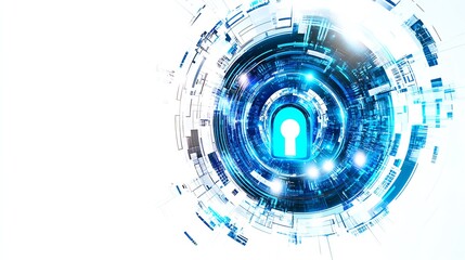 Futuristic digital security concept with blue lock surrounded by abstract technology and circuit design on a white background.