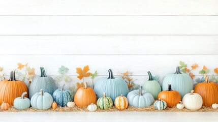 Colorful pumpkins in pastel shades of blue and traditional orange arranged against a white wooden background with decorative leaves for fall.