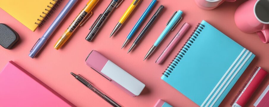 A flat lay of branded merchandise like pens, notebooks, and mugs, top view, representing trends in promotional marketing, cybernetic tone, Split-complementary color scheme