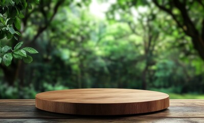 Wooden Platform with Green Blurred Background