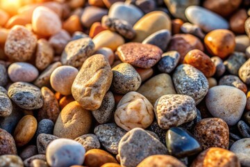 Extreme close-up of rough, weathered gravel stones with varied textures, subtle earth tones, and intricate patterns, illuminated by soft, diffused natural light.
