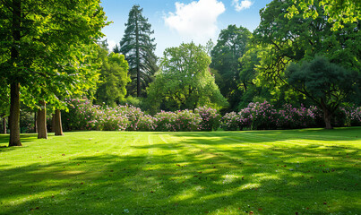 Obraz premium Sunny Summer Day in Park with Green Lawn and Trees, Peaceful Scenery, Nature Background, Bright Sunlight, Relaxation Concept