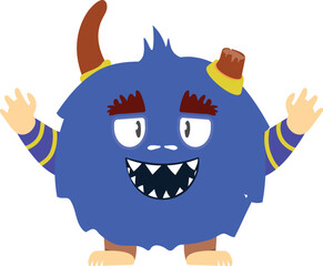 Horned funny creature. Blue beast cartoon mascot